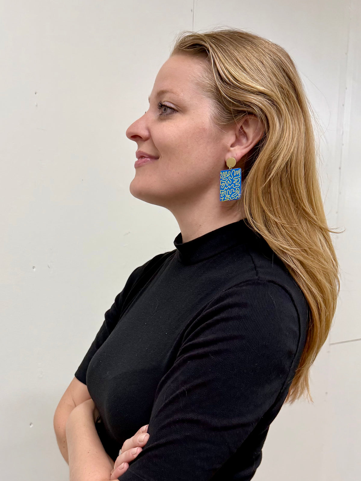 Indigo Maze Screen-Printed Brass Earrings