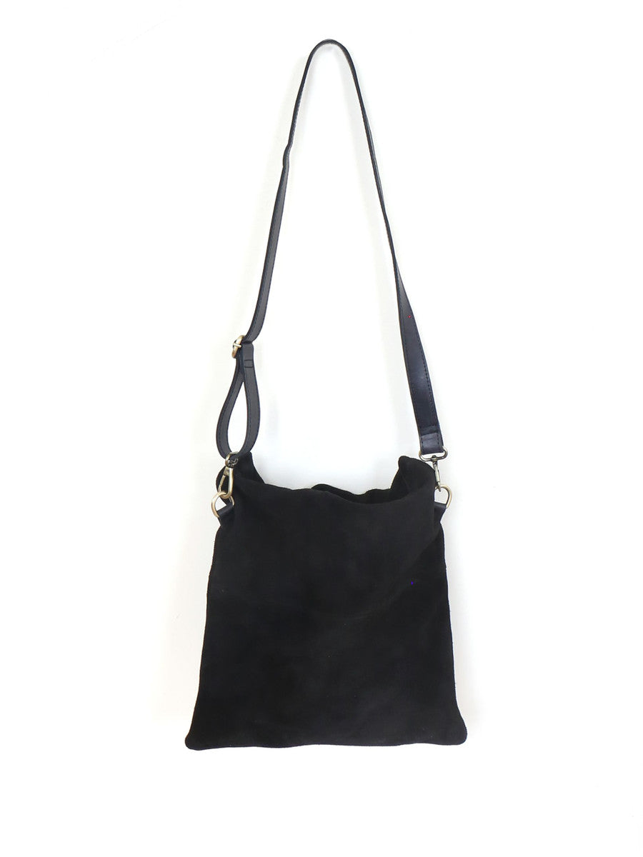 foldover crossbody bag ethically-made black suede | Fair Anita