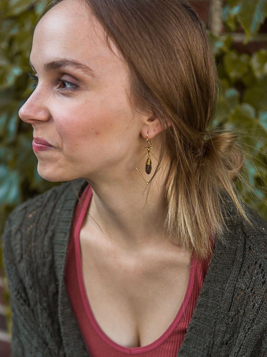 Diamond shaped brass earrings with stone drop inside | Fair Anita