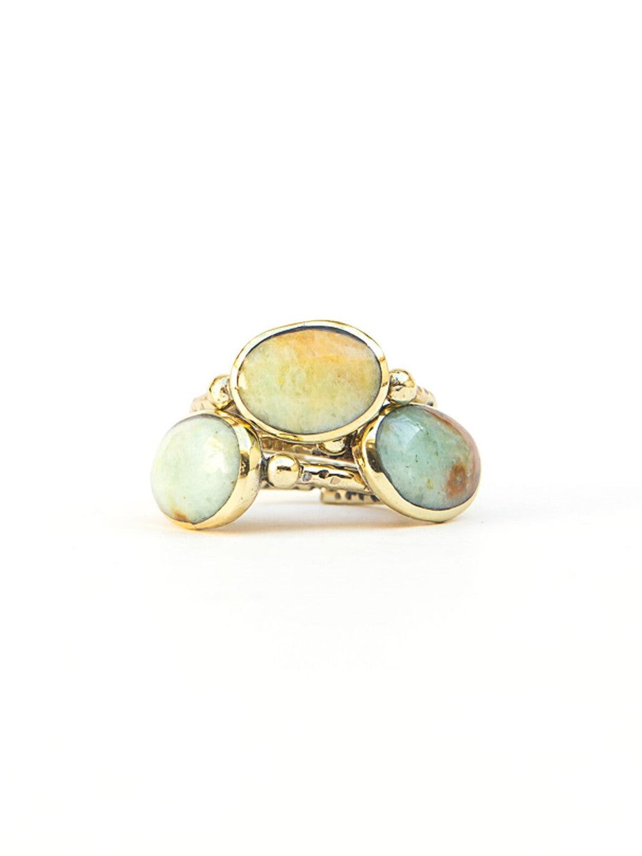 Aqua stone and brass adjustable ring _Fair Anita