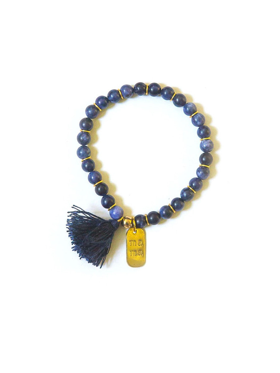 dark blue beaded elastic bracelet with tassel | Fair Anita