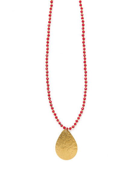 Red Beaded Pendant Necklace - Brass