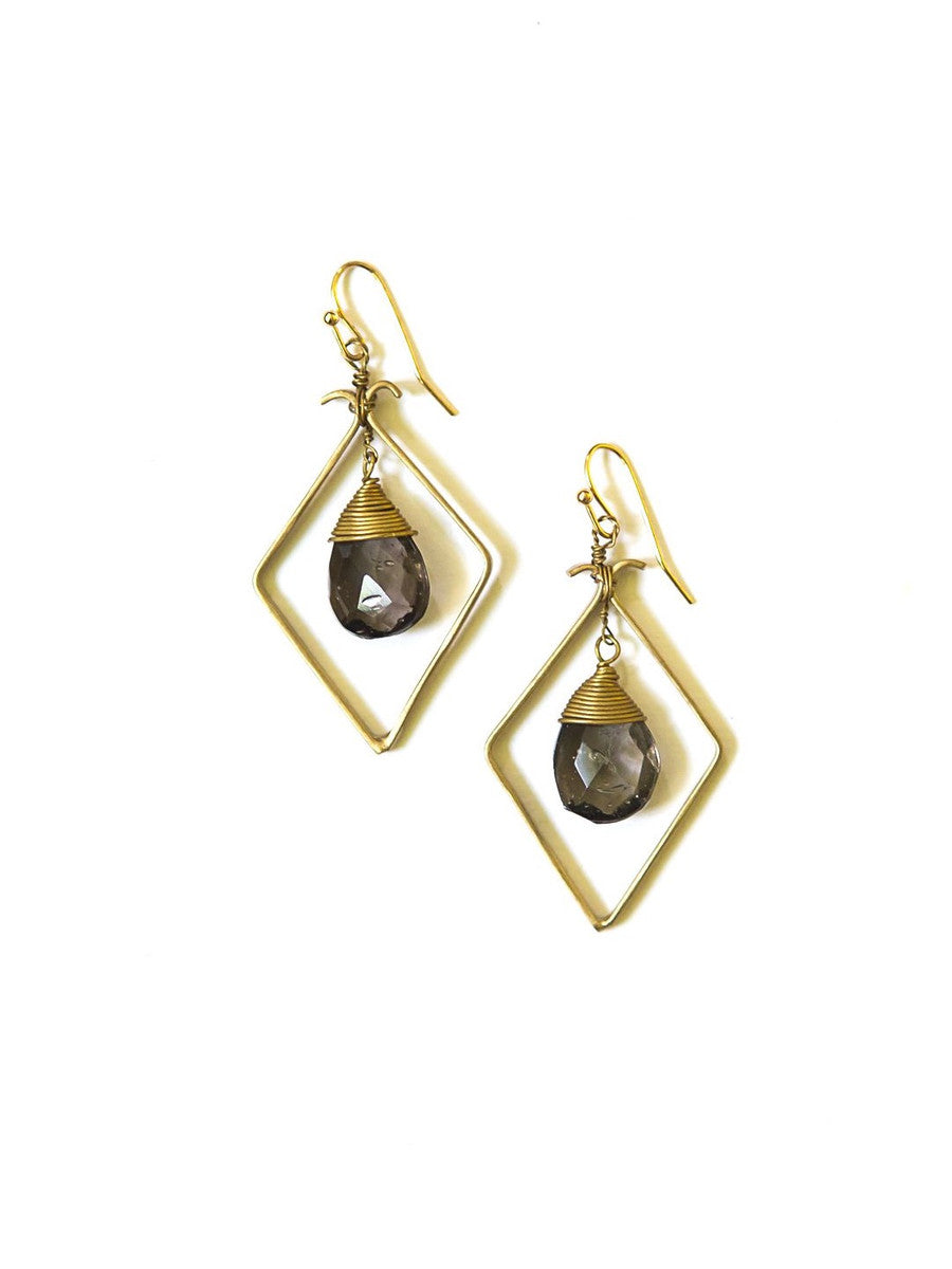 Diamond shaped brass earrings with stone drop inside | Fair Anita