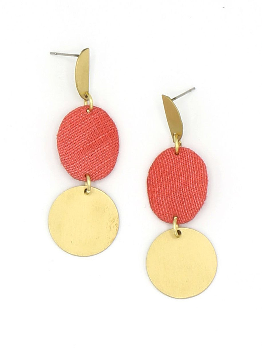 red fabric and brass oval earrings earrings | Fair Anita