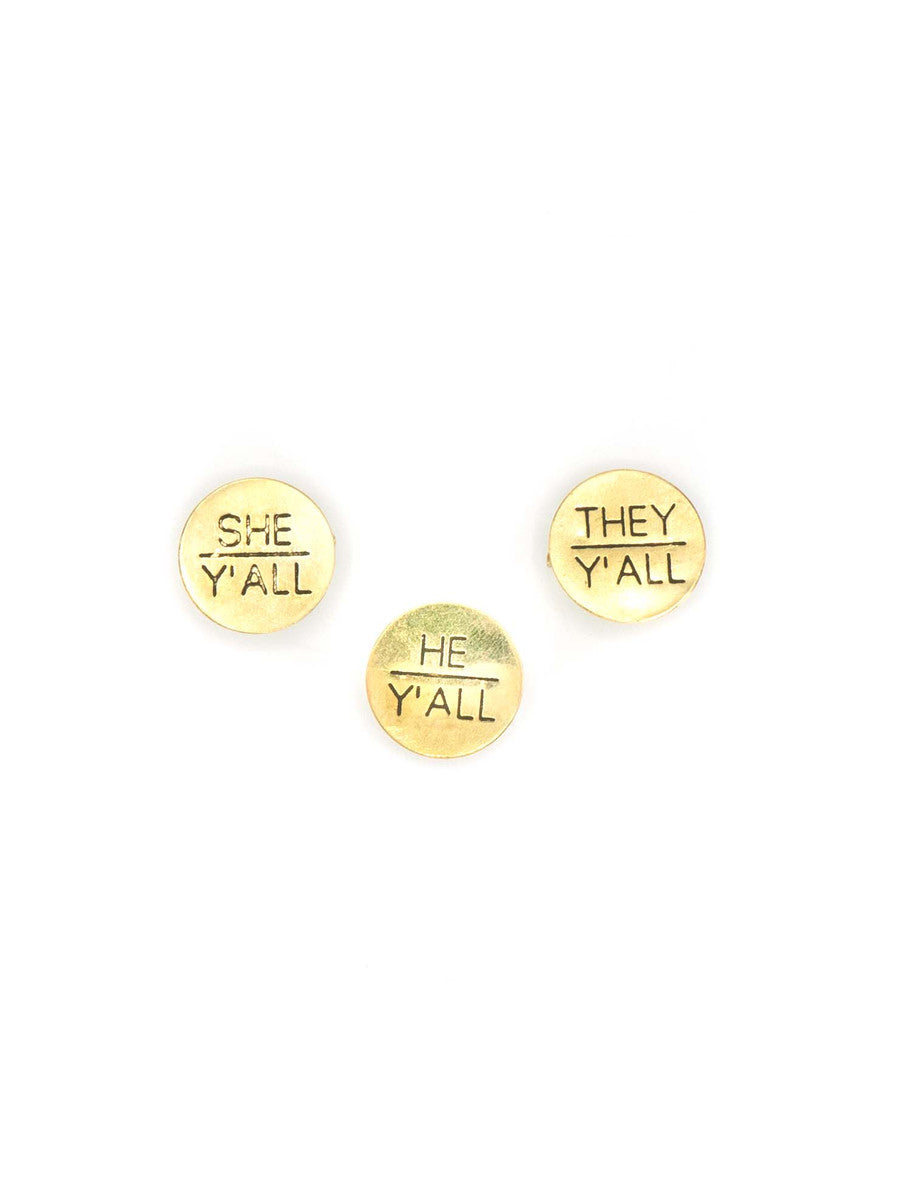 stamped brass pronoun pins | Fair Anita