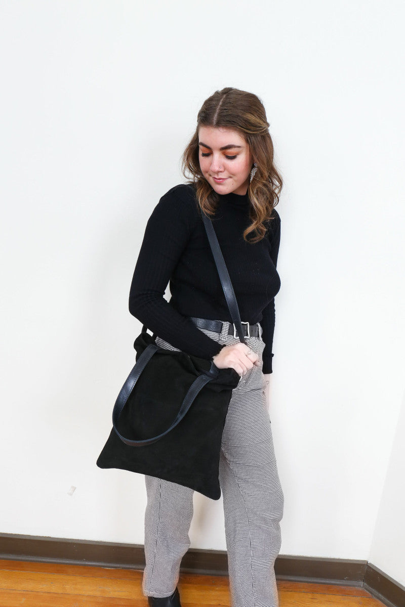 foldover crossbody bag ethically-made black suede | Fair Anita