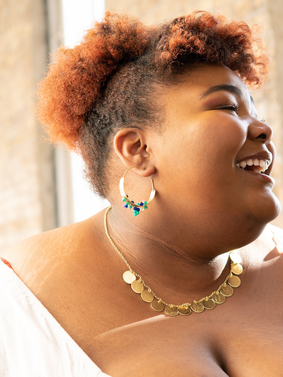 large brass hoops with teal beads | Fair Anita