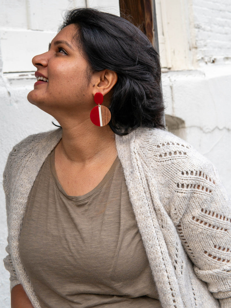 mod red and wood circle earrings | Fair Anita