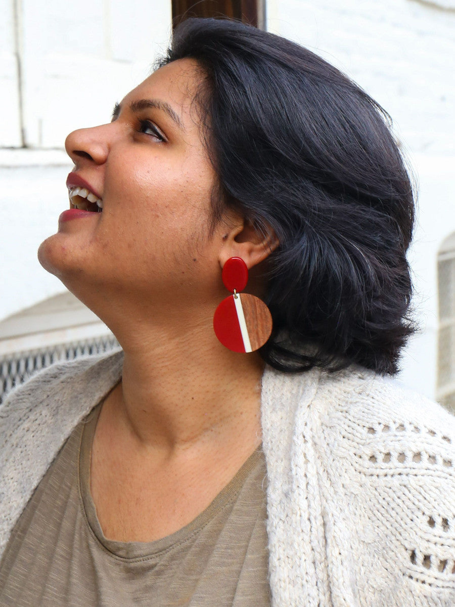 mod red and wood circle earrings | Fair Anita