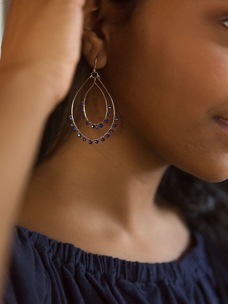 blue open teardrop sparkle earrings silver | Fair Anita