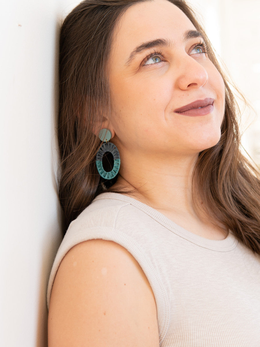 raffia teal hoop earrings | fair anita