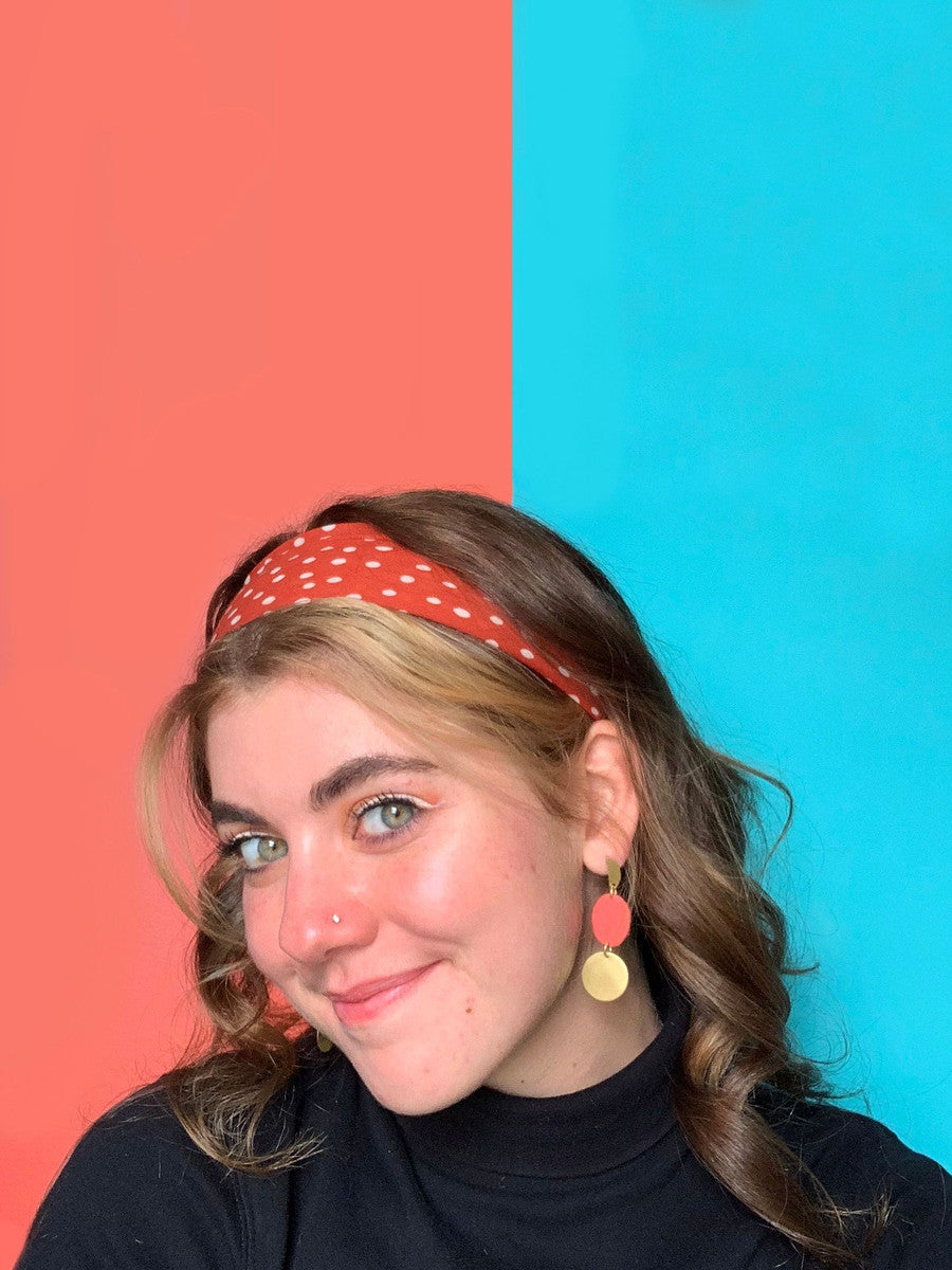 red fabric and brass oval earrings earrings | Fair Anita