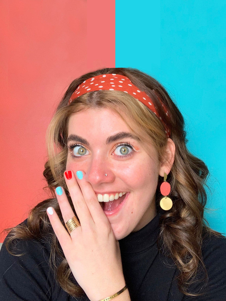 red fabric and brass oval earrings earrings | Fair Anita