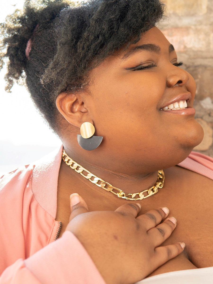 stacked disk brass and black earrings_Fair Anita