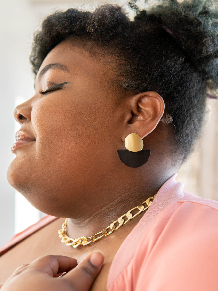 stacked disk brass and black earrings_Fair Anita