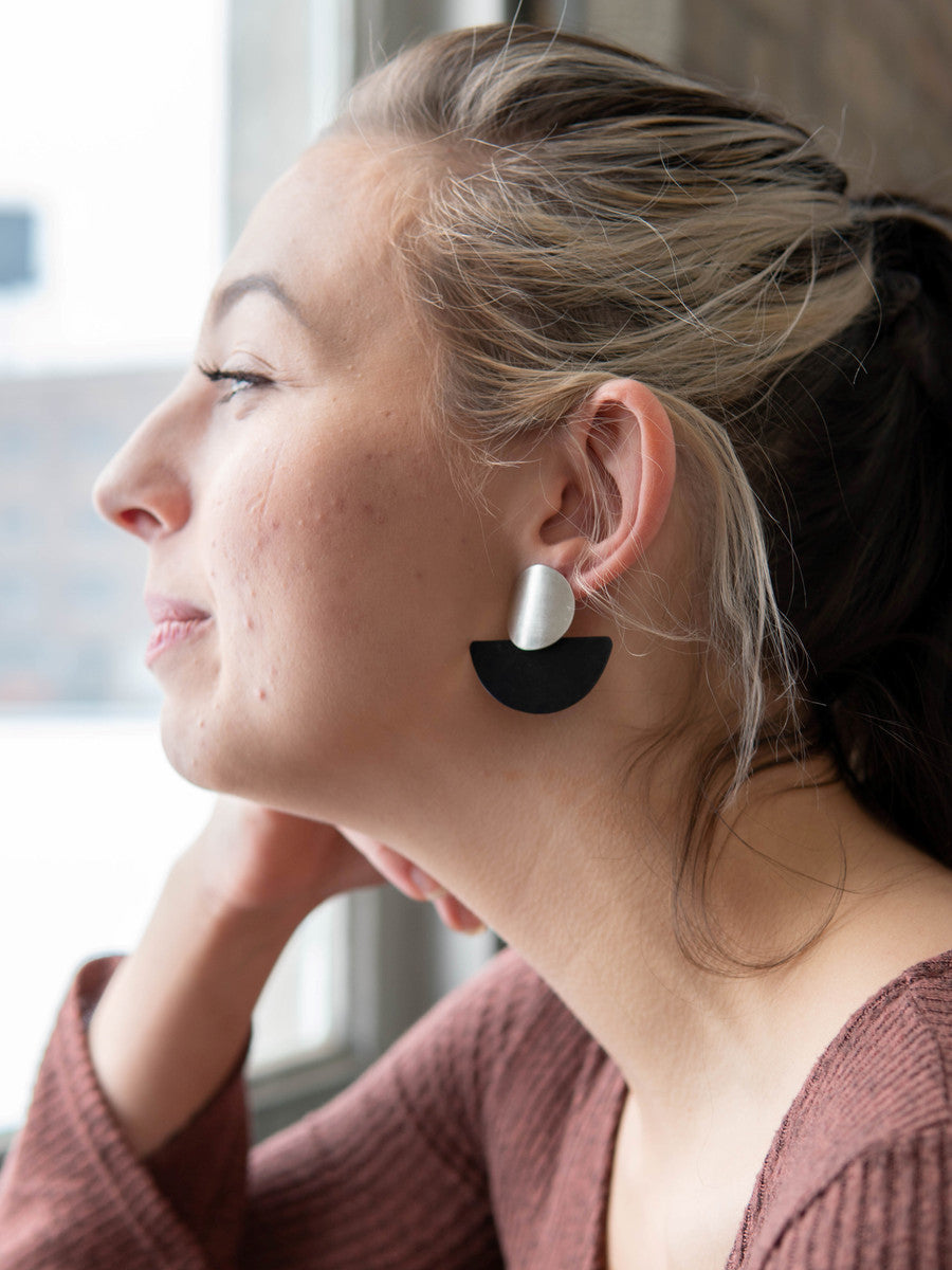 stacked disk brass and black earrings_Fair Anita