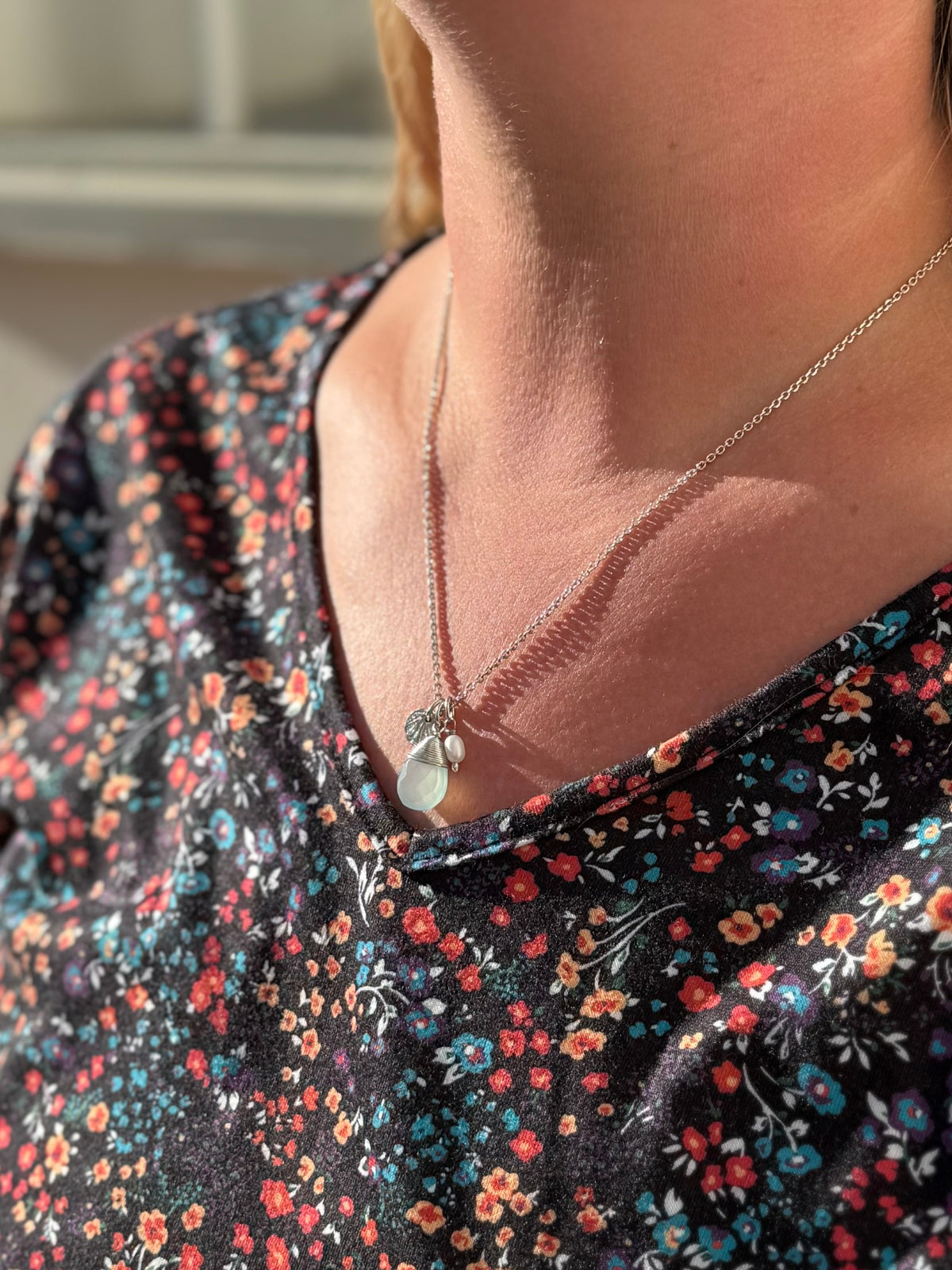 Tiny Treasures Necklace - Pearl and Aqua Chalcedony