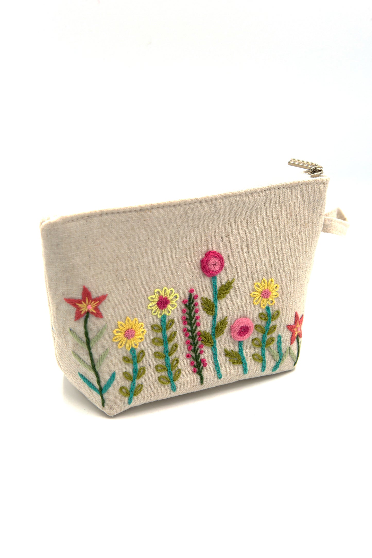 Wildflower Embroidered Cosmetic Pouch - Cream