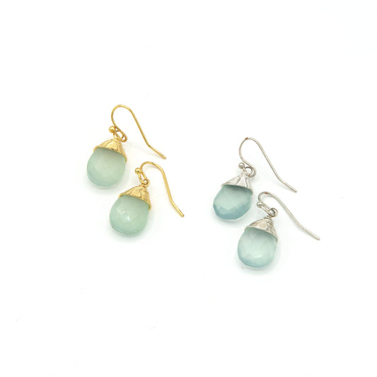 Pair of Fair Anita Aqua Chalcedony Drop Earrings displayed in both gold and silver wire-wrapped finishes.