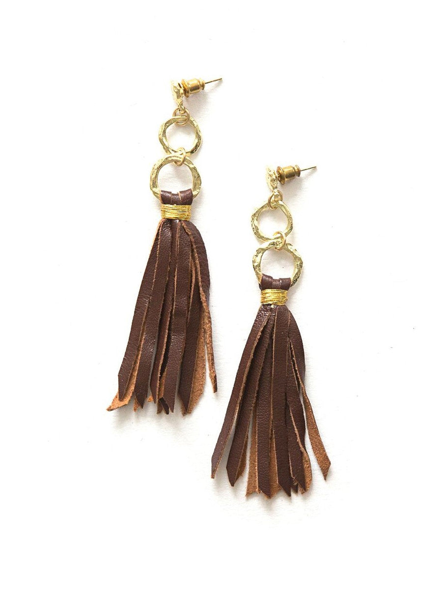 Leather tassel and brass loop earrings | Fair Anita