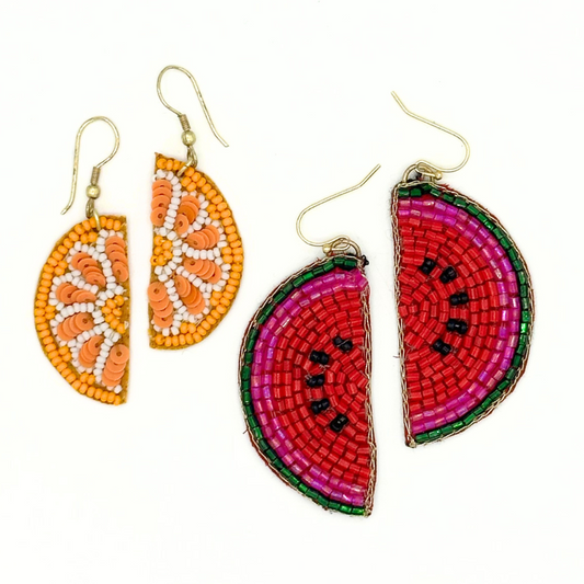 Fruit Slice Beaded Earrings - Watermelon or Orange