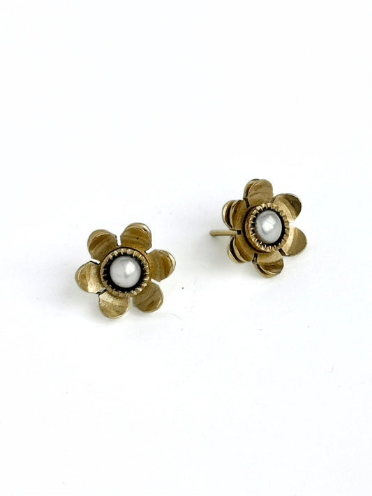 Bloom Pearl Brass Stud Earrings