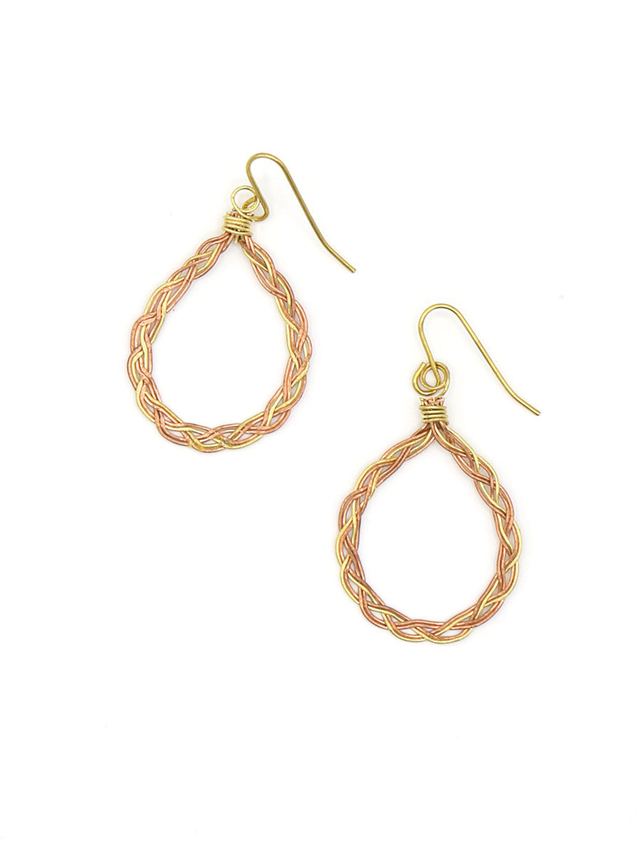 braided brass and copper open teardrop earrings | Fair Anita