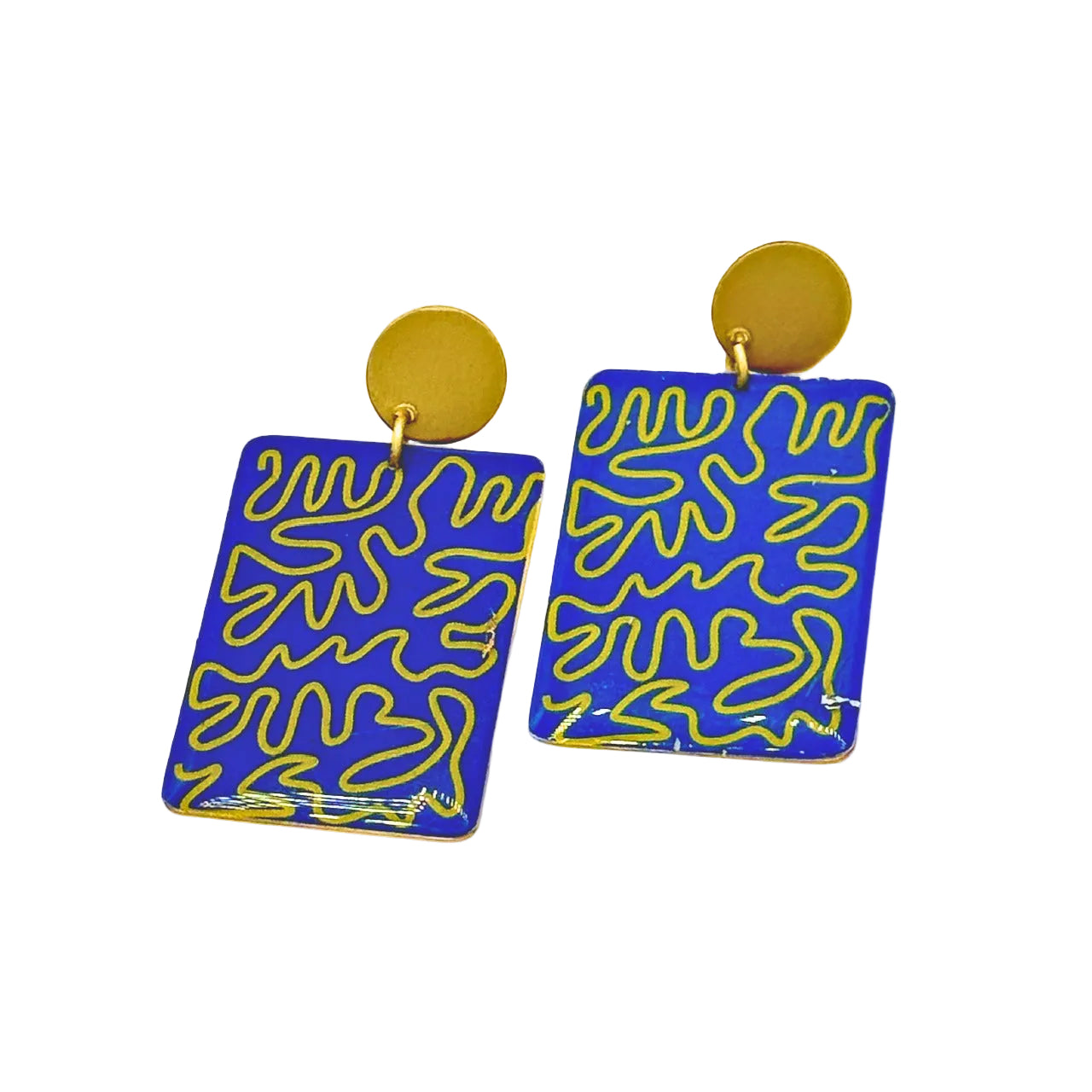 Indigo Maze Screen-Printed Brass Earrings