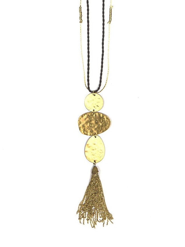 Fair trade necklace with three oblong circles hooked in a chain with a tassel. Fair Anita
