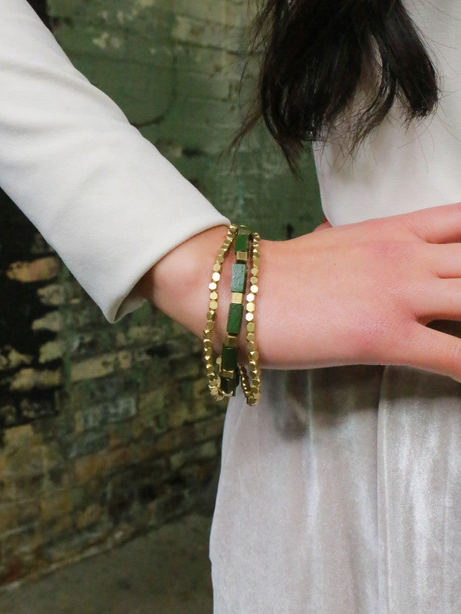 green and brass square beads elastic bracelet | Fair Anita