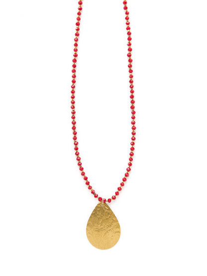 Red Beaded Pendant Necklace - Brass