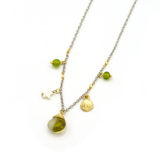 Fair trade mixed-metal charm necklace featuring olive green recycled glass beads, mother-of-pearl star charm, and textured gold disc on a silver-tone chain