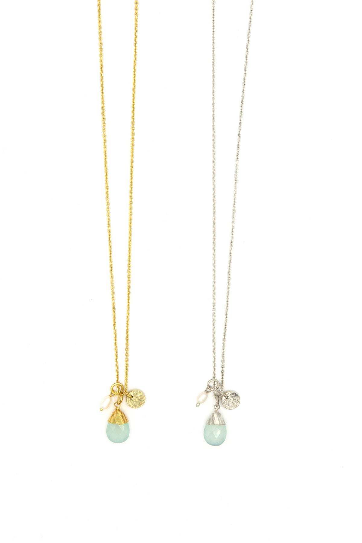 Tiny Treasures Necklace - Pearl and Aqua Chalcedony
