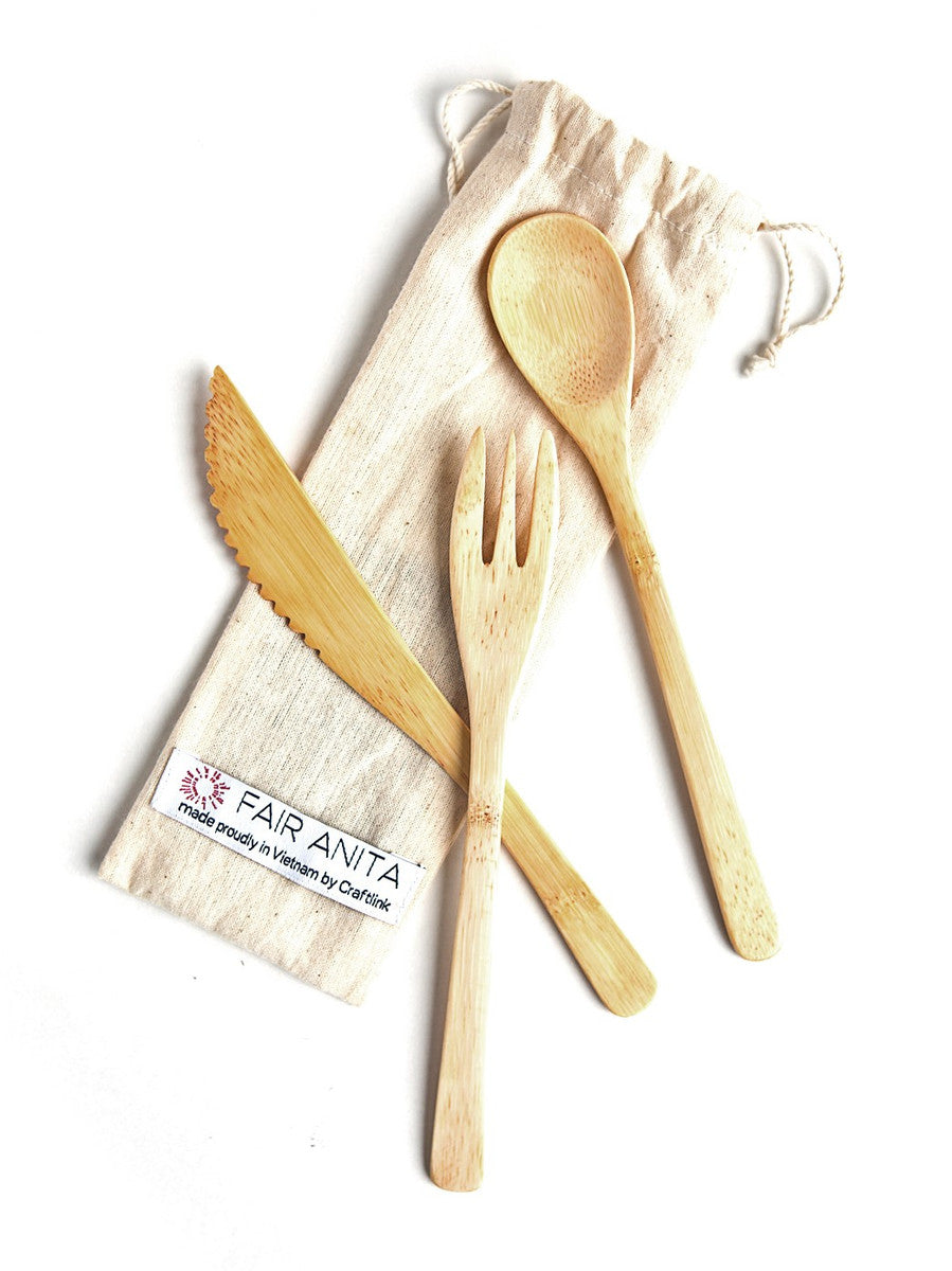 Sustainable utensil set, fork knife and spoon in reusable pouch | Fair Anita