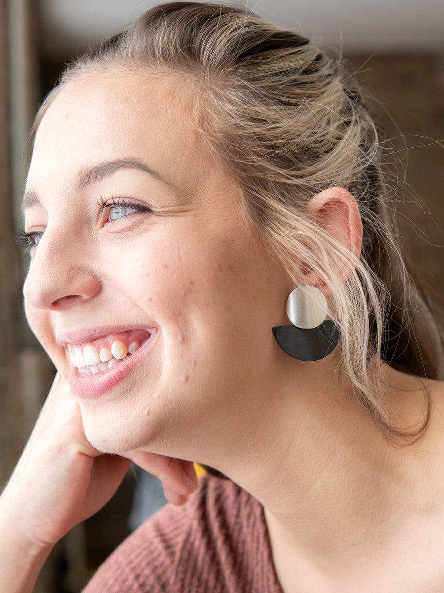 stacked disk brass and black earrings_Fair Anita