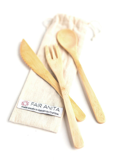 Sustainable utensil set, fork knife and spoon in reusable pouch | Fair Anita